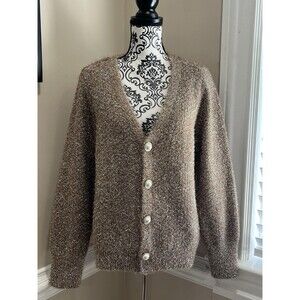 BOSTON PROPER Womens Gold Metallic Med Cardigan Sweater Pearl Buttons Holiday